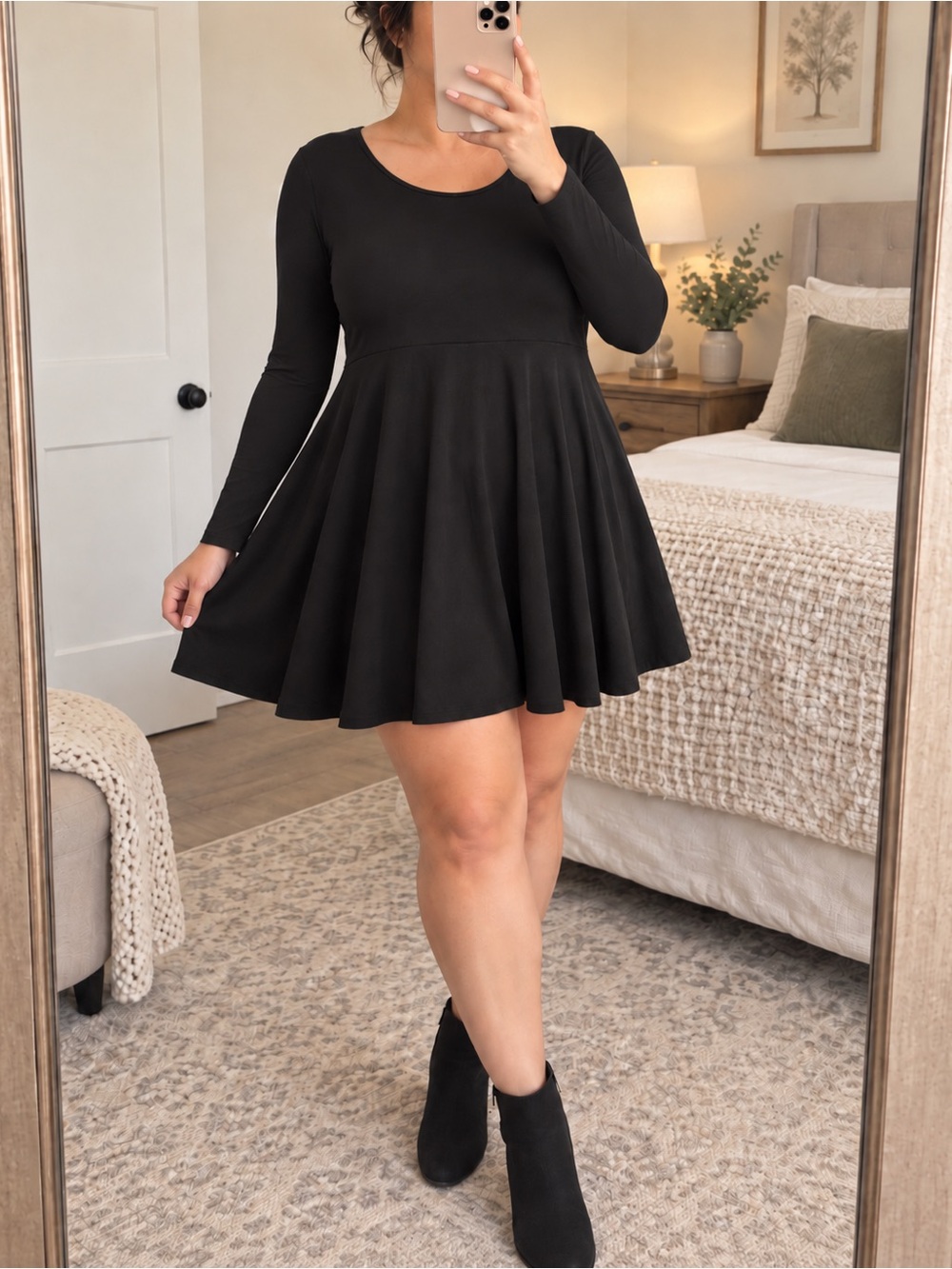 PUBLIK Black Babydoll Mini Dress Super Soft Stretch Long Sleeve Swing | 1X